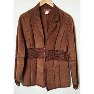 Vintage IDI by Matthew Suede Leather Crochet Patchwork Cardigan Jacket M Brown